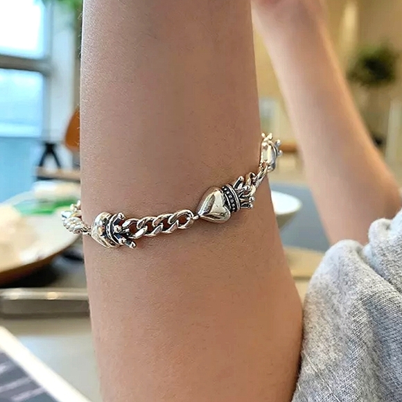 Crown Heart Sterling Silver Chain Link Bracelet Unisex - Picture 4 of 9